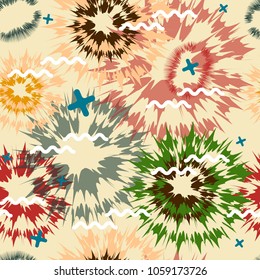 Geometric abstract seamless pattern. Fabric design. Stylized salute on beige background. Vector.