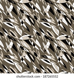 Geometric abstract seamless pattern floral motif background. Colorful shapes of leaves, flowers, plant parts composition