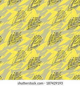 Geometric abstract seamless pattern floral motif background. Colorful shapes of leaves, flowers, plant parts composition
