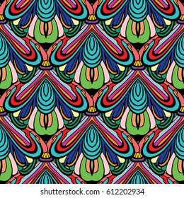 Geometric abstract seamless pattern. Floral vector background wallpaper with colorful geometrical figures, lines, shapes, rhombus, triangles. Bright modern texture for textile, print, fabric