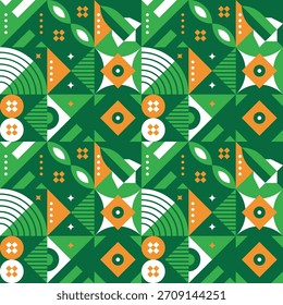 Geometric Abstract Seamless Pattern with Green and Orange Colorful Ornament
