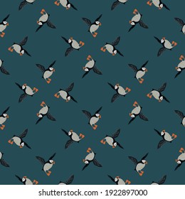 Geometric abstract seamless pattern with hand drawn cartoon puffin shapes. Dark turquoise background. Flat vector print for textile, fabric, giftwrap, wallpapers. Endless illustration.