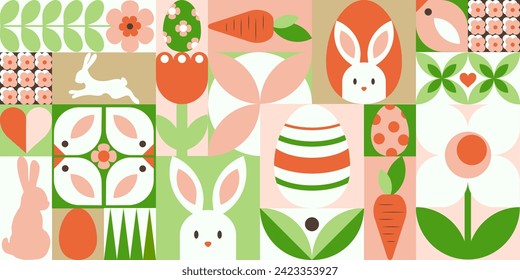 Geometric abstract seamless pattern for Happy Easter day poster, banner, cover, wrapping, sale promotion template. Trendy vector illustration with bunny, Easter egg, flowers, simple forms. Neo geo art