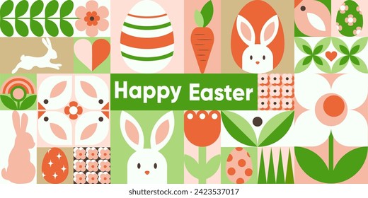 Geometric abstract seamless pattern for Happy Easter day poster, banner, wrapping, sale promotion template. Trendy vector illustration with bunny, Easter egg, flowers, simple forms, text. Neo geo art.