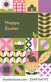 A geometric abstract seamless pattern for Happy Easter posters, banners, wrapping, or sale promotions. Trendy vector illustration with bunnies, Easter eggs, flowers, and simple shapes.