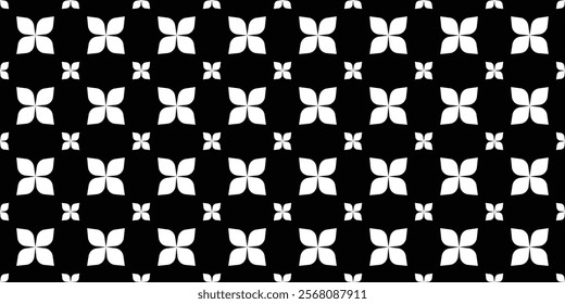 Geometric abstract seamless pattern of leaves to flowers. Black and white. Vector illustration.