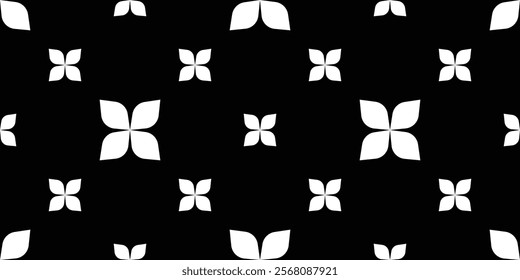 Geometric abstract seamless pattern of leaves to flowers. Black and white. Vector illustration.