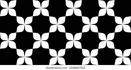 Geometric abstract seamless pattern of leaves to flowers. Black and white. Vector illustration.