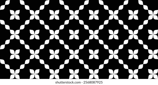 Geometric abstract seamless pattern of leaves to flowers. Black and white. Vector illustration.