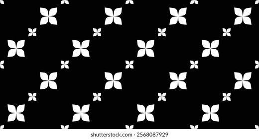 Geometric abstract seamless pattern of leaves to flowers. Black and white. Vector illustration.