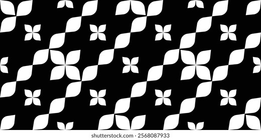 Geometric abstract seamless pattern of leaves to flowers. Black and white. Vector illustration.