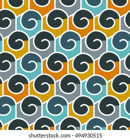 Geometric abstract seamless pattern. Linear motif background. Colorful shapes of spirals and hexagonal grid