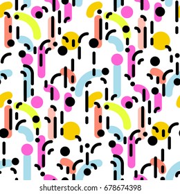 Geometric abstract seamless pattern. Linear motif background. Colorful shapes of curves, strokes and dots
