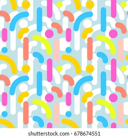 Geometric abstract seamless pattern. Linear motif background. Colorful shapes of curves, strokes and dots