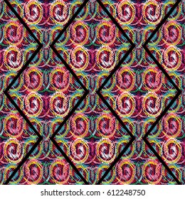 Geometric abstract seamless pattern. Modern vector background with colorful geometrical arras grunge doodle figures, lines, shapes, rhombus, circles, triangles  with embroidery effect. 