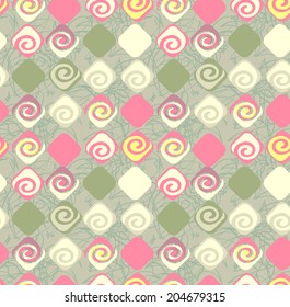 Geometric abstract seamless pattern motif background. Colorful shapes of spirals and rhombuses. Square composition