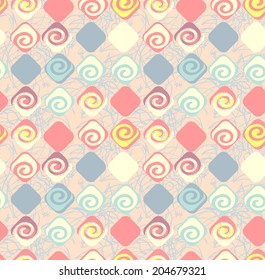 Geometric abstract seamless pattern motif background. Colorful shapes of spirals and rhombuses. Square composition