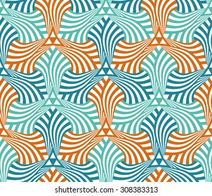Geometric abstract seamless pattern motif background. Colorful teal, blue and orange swirled shapes composition