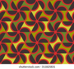 Geometric abstract seamless pattern motif background. Colorful shapes of red, dark brown semicircles and green triangles. Hexagon composition