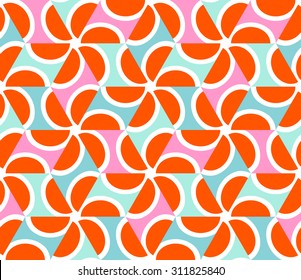 Geometric abstract seamless pattern motif background. Colorful shapes of orange semicircles and pale teal, pink triangles. Hexagon composition