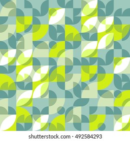 Geometric abstract seamless pattern motif background. Colorful shapes of circles, semicircles and leaves