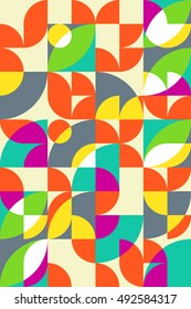 Geometric abstract seamless pattern motif background. Colorful shapes of circles, semicircles and leaves