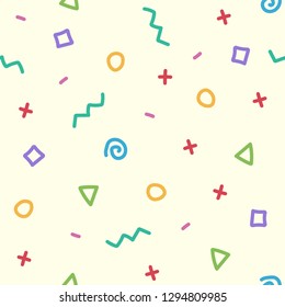 geometric abstract seamless pattern on white background with black triangles, squares, crosses, spirals, curves and circles