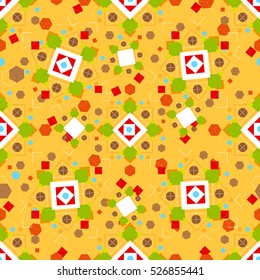 Geometric abstract seamless pattern on yellow background. Vector illustration