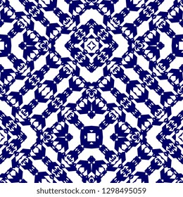 Geometric abstract seamless pattern with ornamental japanese, koran, chinese, and ancient maya batik vector illustration with blue and white colors design for fashion textile print wrapping