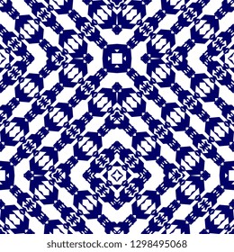 Geometric abstract seamless pattern with ornamental japanese, koran, chinese, and ancient maya batik vector illustration with blue and white colors design for fashion textile print wrapping