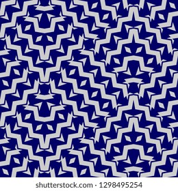 Geometric abstract seamless pattern with ornamental japanese, koran, chinese, and ancient maya batik vector illustration with blue and white colors design for fashion textile print wrapping