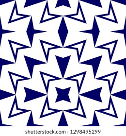 Geometric abstract seamless pattern with ornamental japanese, koran, chinese, and ancient maya batik vector illustration with blue and white colors design for fashion textile print wrapping