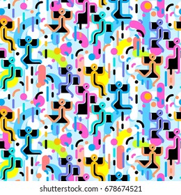 Geometric abstract seamless pattern. People dancing party. Simple motif background. Colorful decoration design