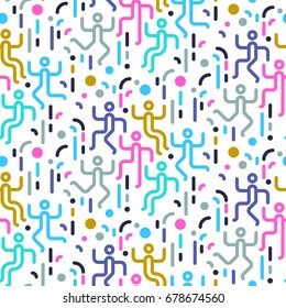 Geometric abstract seamless pattern. People dancing party. Simple motif background. Colorful decoration design