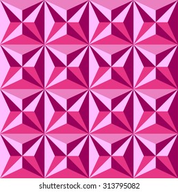 Geometric abstract seamless pattern. Polygonal 3d wallpaper. Carving color wood. Pink vector abstract.