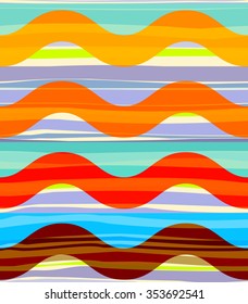 Geometric abstract seamless pattern. Random stripes and regular waves in bright colors