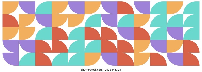 Patrón geométrico abstracto sin fisuras con Formas redondeadas en colores naranja, púrpura, rojo y turquesa para fondos y estampados