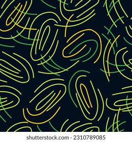 Geometrisches abstraktes, nahtloses Muster. Geschwungene, gebogene Linien auf schwarzem Hintergrund. Vektorgrafik für Tapeten, Verpackungen, Textilien, modernes Design