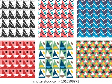 Geometric abstract seamless pattern set. Simple triangles motif background. Colorful decoration design collection. Trendy style illustration