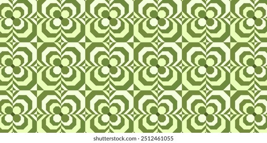 Geometric abstract seamless pattern in shades of green with concentric hexagons and floral shapes, suitable for modern and retro inspired designs.