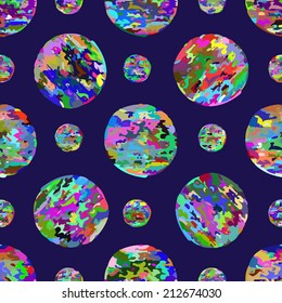 Geometric abstract seamless pattern. Small and large bright colorful circles on a blue background, vector. 