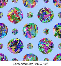 Geometric abstract seamless pattern. Small and large bright colorful circles on a blue background, vector. 