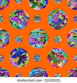 Geometric abstract seamless pattern. Small and large bright colorful circles on a crimson background.