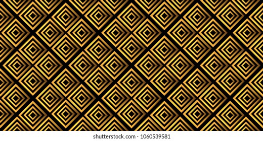 Geometric abstract seamless pattern. Squares, a grid. Colored, gold on a black background.Vector illustration
