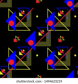 Geometric abstract seamless pattern. Squares, triangles, circles, and lines. Blue, yellow, red and black colors.