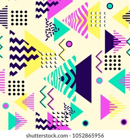 Geometric abstract seamless pattern. Triangle colorful Memphis 60s, 70s, 80s, 90s.
