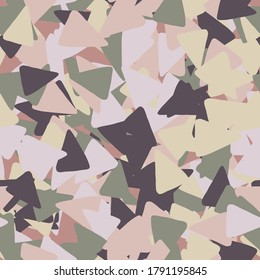 Geometric abstract seamless pattern with triangles in purple, lilac and beige colors. Perfect for advertising and presentations layouts, wrapping paper, wallpaper. Vector illustration.