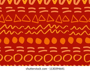 Geometric abstract seamless pattern, vector. Hand-drawn doodle texture. Orange background