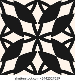 Geometric abstract seamless pattern. Vector black and white background. Modern geo leaf ornament, floral silhouettes. Texture with diamonds, stars, grid, curved shapes, repeat tiles. Elegant design