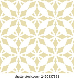 Geometrisches abstraktes nahtloses Muster. Vektorgrafik gold und weiß Hintergrund. Moderne Geo-Blatt-Ornament, florale Silhouetten. Textur mit Diamanten, Sternen, Gitter, gebogene Formen, Wiederholungsfliesen. Goldenes Design